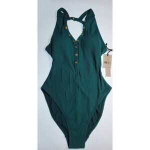 Robin Piccone One Piece Swimsuit Cerulean Ribbed Halter Button Front Size 8 NWT